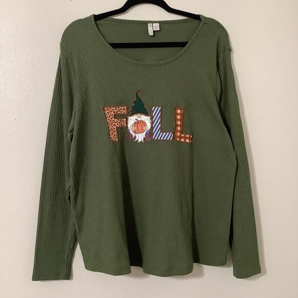 Green Autumn Fall Waffle Knit Pumpkin Gnome Oversized Long Sleeve Top 14/16W - Picture 1 of 8